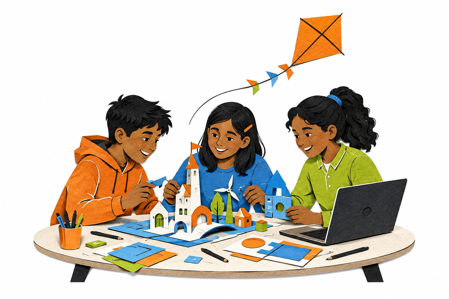 An illustration of children collaborating on a creative project, with an orange kite overhead.